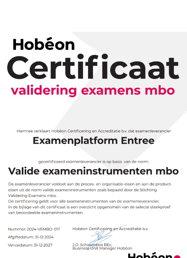 Certificering conform de Norm voor valide exameninstrumenten inzichtelijk voor het mbo toegekend aan stichting Examenplatform Entree